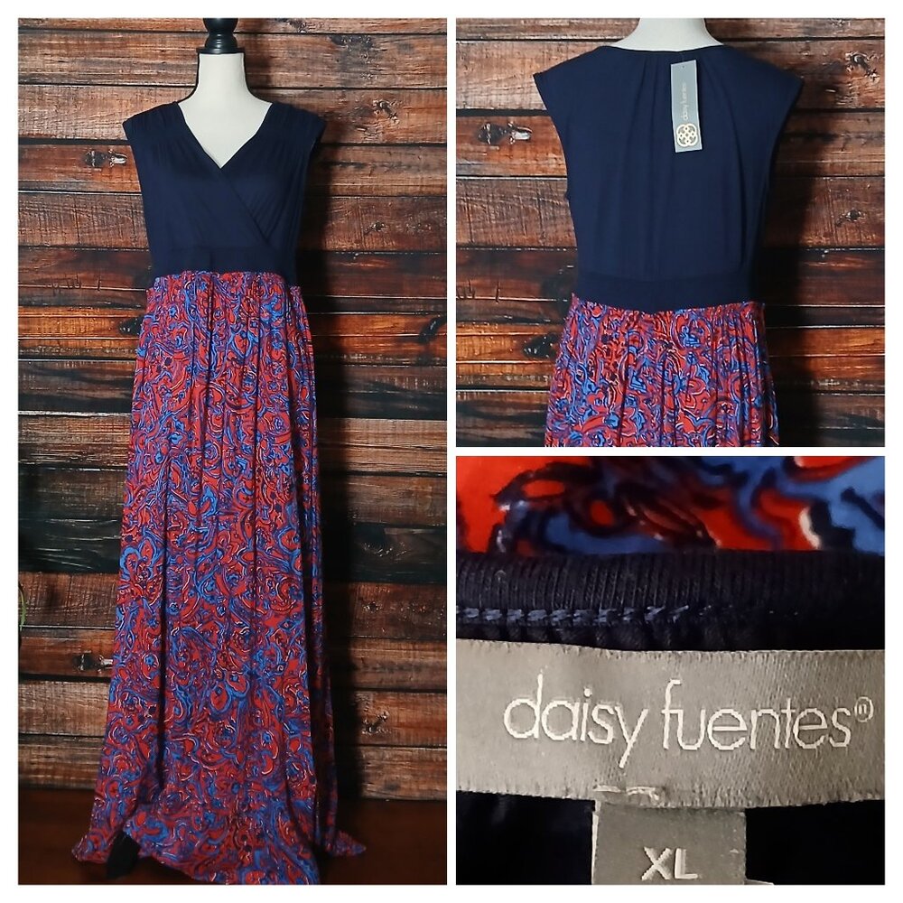 NWT Daisy Fuentes Maxi Dress XL Rayon Smocked Blue Red Print